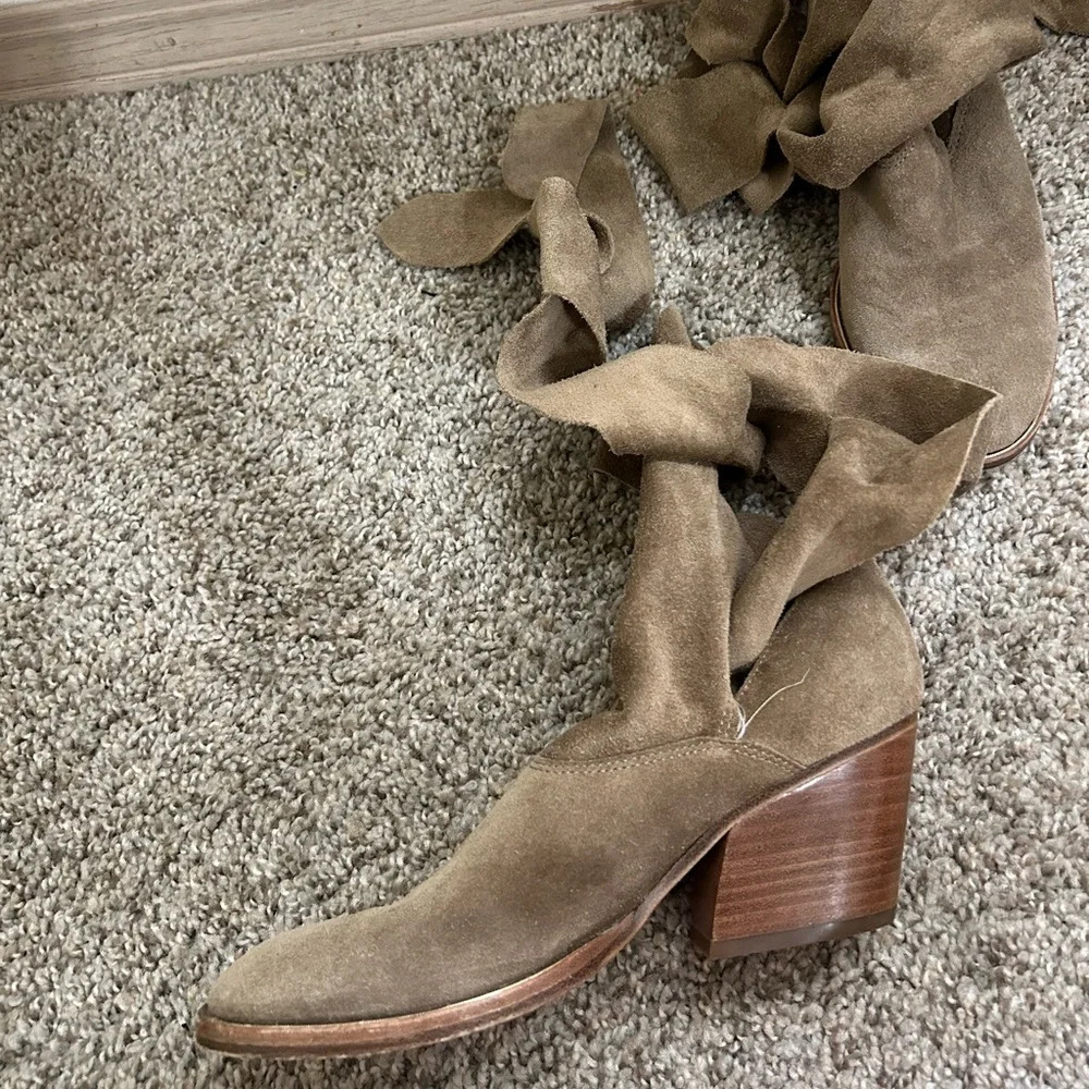 Sigerson Morrison Tie-Up Lori Boot Taupe Suede Ankle Wrap Detail Women's Size 6 - Picture 7 of 13